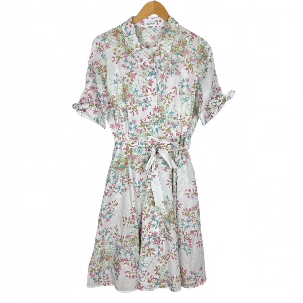 Calvin Klein White Floral Midi Dress with Pink & Green Print